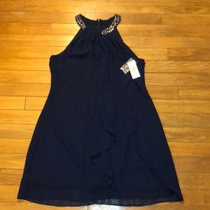 SLNY Embellished Mock Neck Chiffon Shift Dress